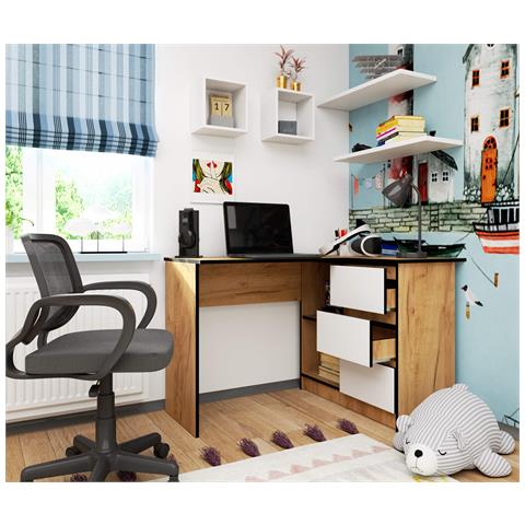 Scrivania ad angolo B16 destro, 3 cassetti, 124x85x77 cm, Colore Quarcia Craft e Bianco - Foto 4