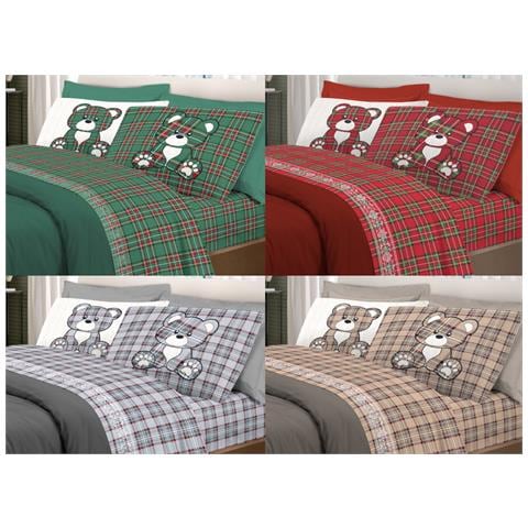 Completo Lenzuola Linea Pensieri Delicati 100% Cotone Disegno Orsetto Tartan Matrimoniale Grigio - Foto 2