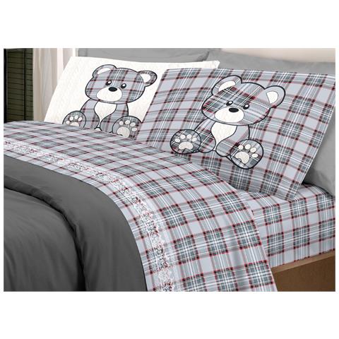 Completo Lenzuola Linea Pensieri Delicati 100% Cotone Disegno Orsetto Tartan Matrimoniale Grigio - Foto 1