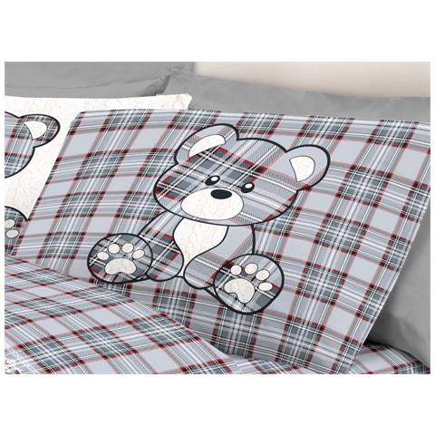 Completo Lenzuola Linea Pensieri Delicati 100% Cotone Disegno Orsetto Tartan Matrimoniale Grigio - Foto 5