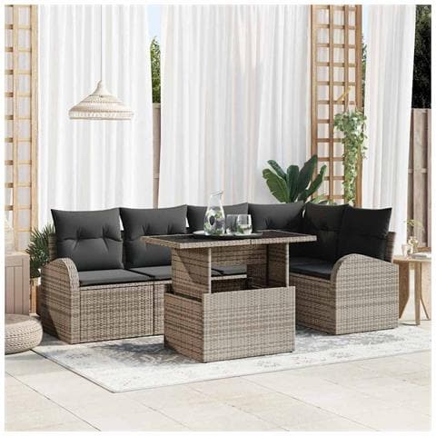 Set di divano da giardino 6 pezzi con cuscini in rattan polietilene grigio, Divano da giardino 2 posti con spazio di stoccaggio e cuscini in rattan polietilene grigio - Foto 2