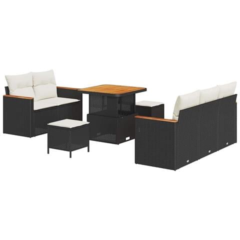 Set Divano da Giardino 8 Pezzi con Cuscini Nero Polyrattan Acacia, Set da Pranzo da Giardino 3 Pezzi con Cuscini Nero Polyrattan Acacia - Foto 1