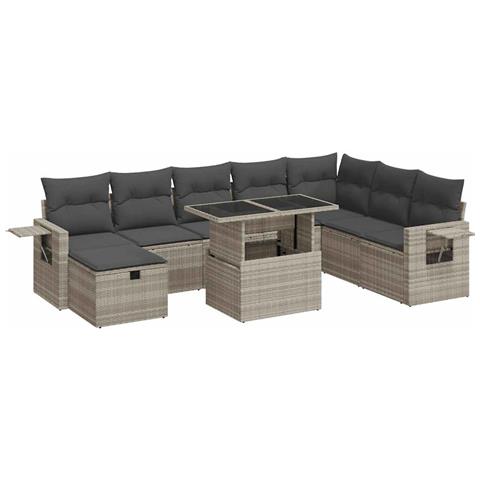 Set Divano da Giardino 9pz con Cuscini Grigio Chiaro Polyrattan - Foto 1