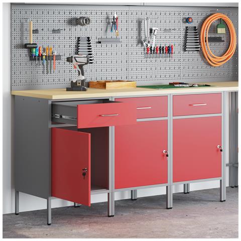 Armadio da lavoro  3 pezzi Rosso e Grigio in legno ingegnerizzato e acciaio - Foto 2