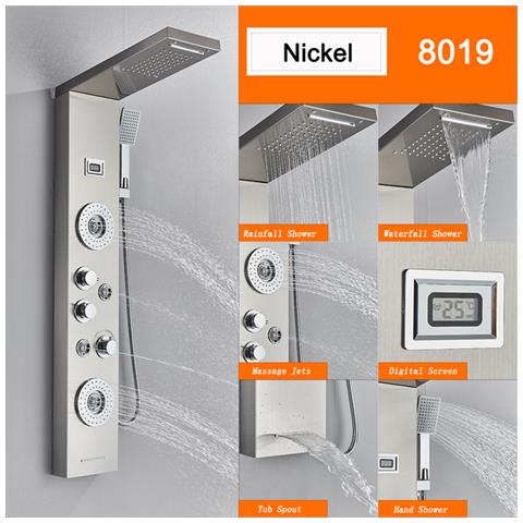 Pannello doccia Blackswan, modello M8019 nichelato con LED, display digitale, bocca a cascata e funzioni SPA, misura 114 cm - Foto 2