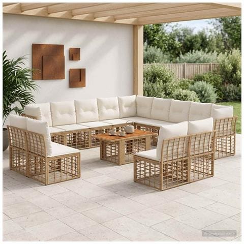 Set Divano da Giardino 14 pz Naturale e Bianco Crema polyrattan - Foto 10