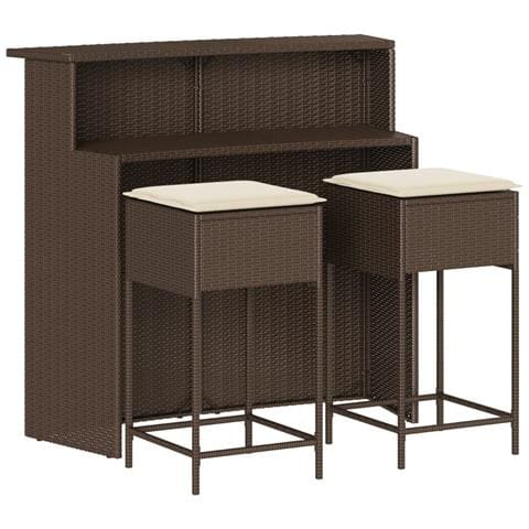 Set Bar Da Giardino 3 Pz Con Cuscini In Polyrattan Marrone - Foto 1