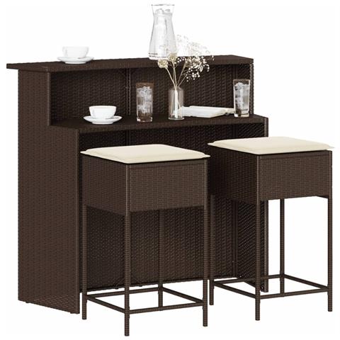 Set Bar Da Giardino 3 Pz Con Cuscini In Polyrattan Marrone - Foto 8