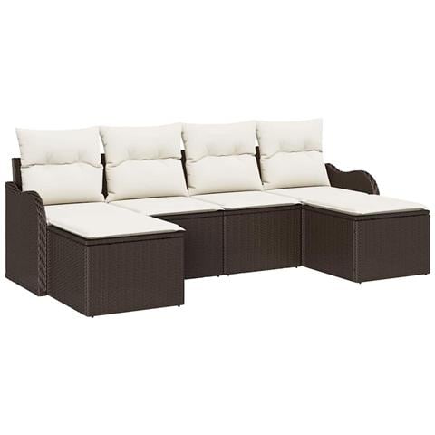 Set di divano da giardino 6 pezzi con cuscini marrone in poly rattan, Divano da giardino 2 posti con cuscini marrone in poly rattan - Foto 1