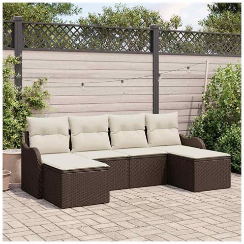 Set di divano da giardino 6 pezzi con cuscini marrone in poly rattan, Divano da giardino 2 posti con cuscini marrone in poly rattan - Foto 2