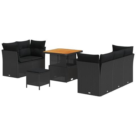 Set Divano da Giardino 8 Pezzi con Cuscini Nero Polyrattan Acacia, Set da Pranzo Giardino 3 Pezzi con Cuscini Nero Polyrattan Acacia - Foto 1