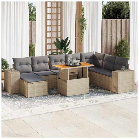 Set Divano da Giardino 9 pz con Cuscini Beige Polyrattan Acacia - Foto 2