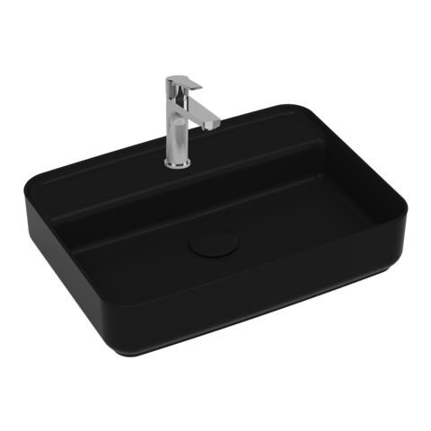 Lavabo Rettangolare Da Appoggio Senza Troppo Pieno In Ceramica Con Foro Rubinetto - Nero Opaco - Foto 1