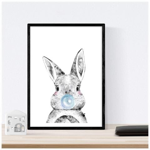 Set Di 6 Stampe Animali Bambini Con Gomma Da Masticare Maiale Elefante Coniglio Mucca Zorro Cane A3 Cornice Nera - Foto 2
