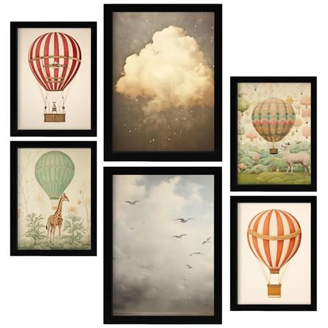 Set Di 6 Stampe Skyballons All'asilo: Dipinti Decorativi Estetici Per Il Tuo Soggiorno, Camera Da Letto E Casa A3 & A4 Cornice Nera - Foto 1