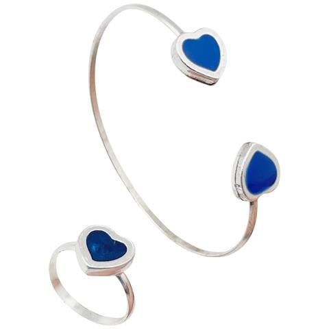 Bracciale E Anello Con Cuore In Argento 10µ Blu Navy - Foto 1