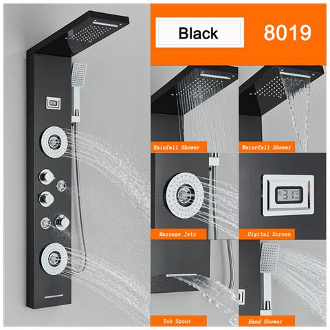 Pannello doccia, Blackswan, tipo M8019, modello nero con LED, display digitale, bocca a cascata e funzioni SPA, dimensioni 114 cm - Foto 2