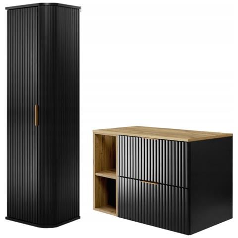 | Set di mobili da bagno - Nero opaco - Rovere artigianale | 80/57/46 cm & 35/139/31 cm | Mobili sottolavabo, mobili da bagno, armadio alto, mobile da bagno - Foto 1