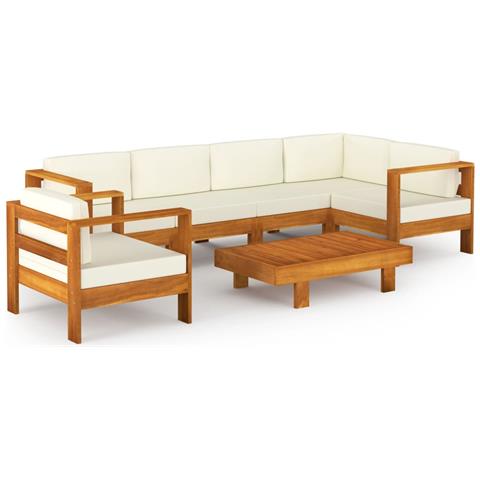 Set Divani Giardino 7 pz Cuscini Bianco Crema in Legno d'Acacia - Foto 1