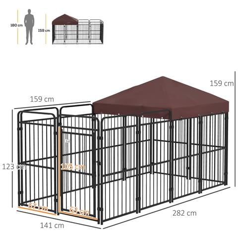 Recinto Per Cani Da Esterno In Metallo Con Tetto, 282x141x159cm, Marrone - Foto 2