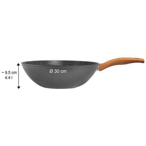 Wok 30 Cm, Made In Germany, Con Manico Effetto Legno, Anche Per Arrostire Senza Olio E Grasso, Rivestimento Antiaderente Antigraffio Con Vere Particelle Di Pietra, Wok A Induzione. - Foto 2