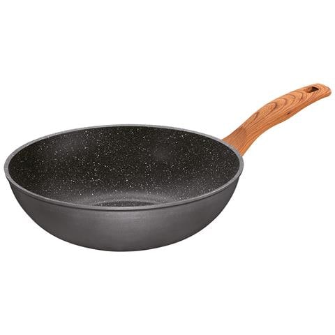 Wok 30 Cm, Made In Germany, Con Manico Effetto Legno, Anche Per Arrostire Senza Olio E Grasso, Rivestimento Antiaderente Antigraffio Con Vere Particelle Di Pietra, Wok A Induzione. - Foto 1