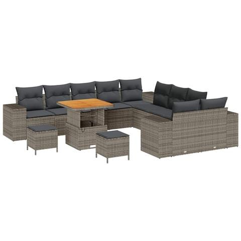 Set di divani da giardino con 13 pezzi e cuscini grigio polirattan acacia, Set da pranzo da giardino con 3 pezzi e cuscini grigio polirattan acacia - Foto 1