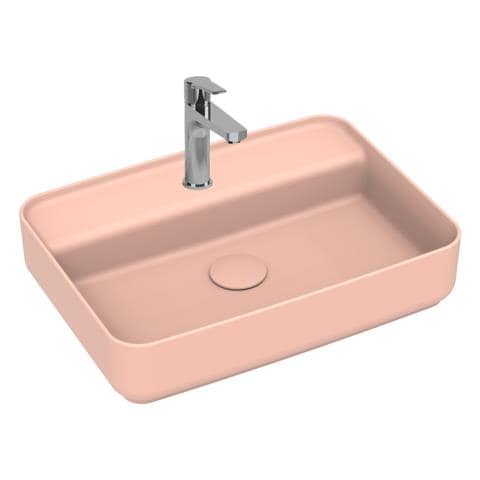 Lavabo Rettangolare Da Appoggio Senza Troppo Pieno In Ceramica Con Foro Rubinetto - Salmone Opaco - Foto 1