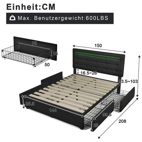 Letto Matrimoniale Con Led Telecomandato, Testiera Regolabile E 4 Cassetti Spaziosi - Foto 2