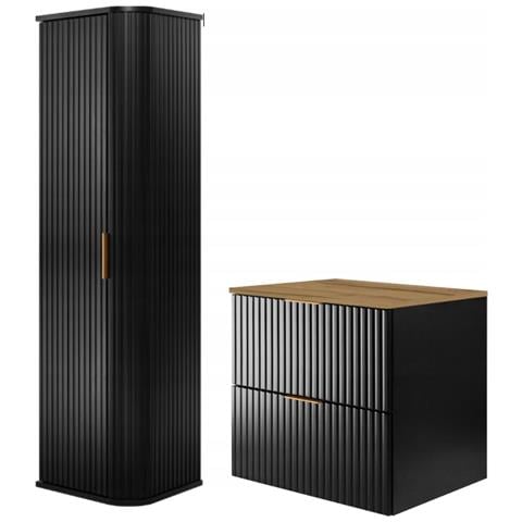 | Set di mobili da bagno - Nero opaco - Rovere artigianale | 60/57/46 cm & 35/139/31 cm | Mobili sottolavabo, mobili da bagno, armadio alto, mobile da bagno - Foto 1