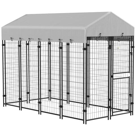 Recinto Per Cani Da Esterno Con Tetto E Porta A 2 Sezioni In Metallo, 239x121x183cm, Argento - Foto 1