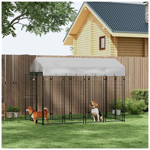 Recinto Per Cani Da Esterno Con Tetto E Porta A 2 Sezioni In Metallo, 239x121x183cm, Argento - Foto 2