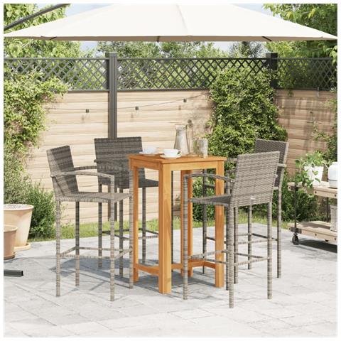 Set Bar Giardino 5pz Grigio Legno Massello Acacia E Polyrattan - Foto 2
