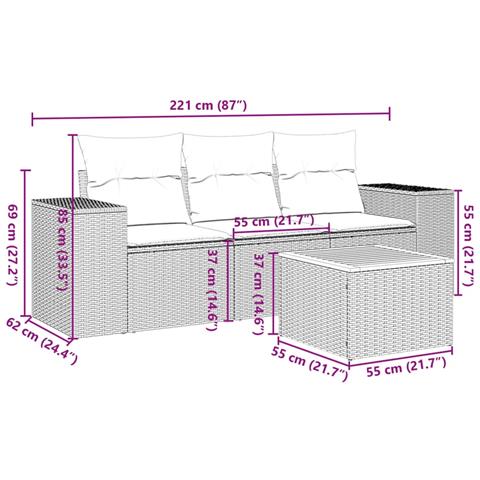 Set Divani da Giardino 4 pz con Cuscini in Polyrattan Grigio - Foto 3
