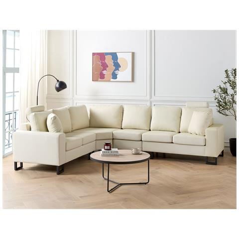 Divano Angolare 6 Posti Stockholm Pelle Naturale Beige Chiaro Lato Destro - Foto 1