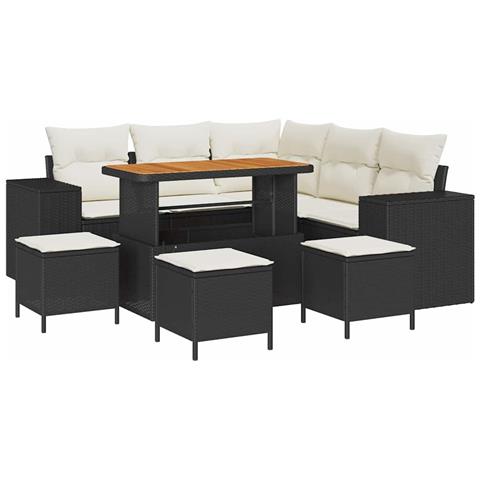 Set Divano Giardino 9 Pezzi Cuscini Rattan Nero Acacia, Set Pranzo Giardino 4 Pezzi Cuscini Rattan Nero Acacia - Foto 1
