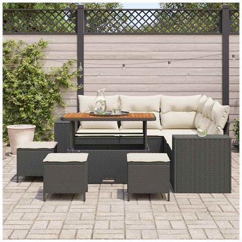 Set Divano Giardino 9 Pezzi Cuscini Rattan Nero Acacia, Set Pranzo Giardino 4 Pezzi Cuscini Rattan Nero Acacia - Foto 2