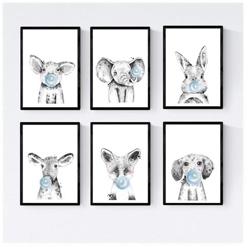 Set Di 6 Stampe Animali Bambini Con Gomma Da Masticare Maiale Elefante Coniglio Mucca Zorro Cane A4 Senza Cornice - Foto 1