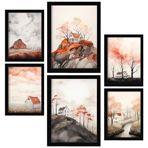 Set Di 6 Stampe Orange City In Kindergarten Dipinti Decorativi Estetici Per Il Tuo Soggiorno, Camera Da Letto, Casa A3 & A4 Cornice Nera - Foto 1
