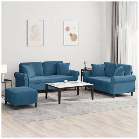 Set di Divani 3 pz con Cuscini Blu in Velluto - Foto 2