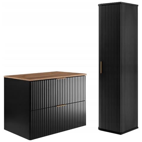 | Set di mobili da bagno - Nero opaco - Rovere artigianale | 80/57/46 cm & 35/139/31 cm | Mobili sottolavabo, mobili da bagno, armadio alto, mobile da bagno - Foto 1