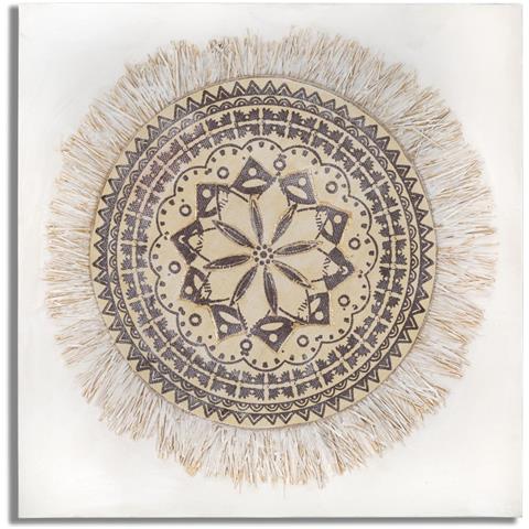 Dipinto Su Tela Malindi Con Mandala Etnico E Frange In Rafia 100x100 Cm - Foto 1