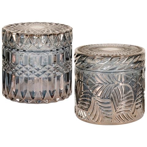 Set Di 2 Vasetti Decorativi In Vetro Fumé Con Coperchio E Motivi In Rilievo Ø9x8,5 Cm - Foto 1