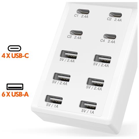 Stazione Di Ricarica Multiporta 4 Usb-c + 6 Usb 50w Cavo 1m Compatto, Bianco - Foto 2