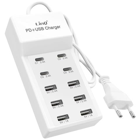 Stazione Di Ricarica Multiporta 4 Usb-c + 6 Usb 50w Cavo 1m Compatto, Bianco - Foto 1