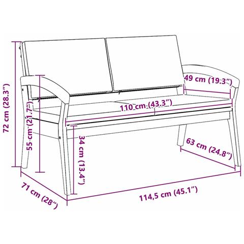 Panchina da giardino con cuscini 115x70x72 cm in legno massello di acacia - Foto 9