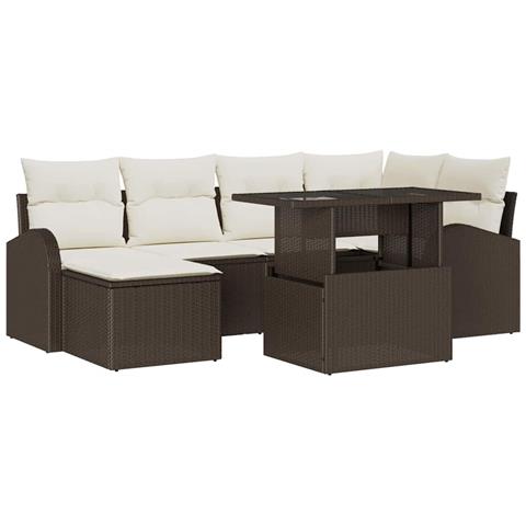 Set Divano da Giardino da 7 Pezzi con Cuscini Marroni in Rattan Poly, Divano da Giardino a 2 Posti con Ripostiglio e Cuscini Marroni in Rattan Poly - Foto 1