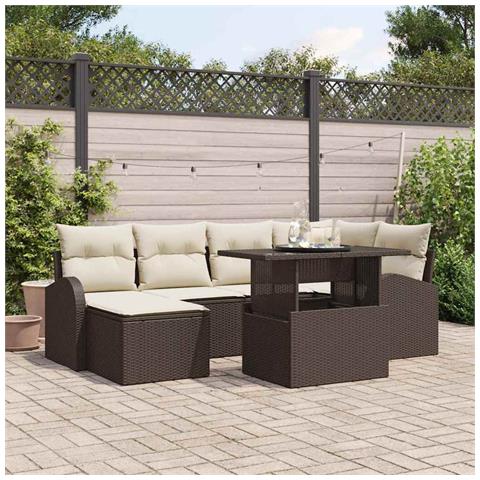 Set Divano da Giardino da 7 Pezzi con Cuscini Marroni in Rattan Poly, Divano da Giardino a 2 Posti con Ripostiglio e Cuscini Marroni in Rattan Poly - Foto 2