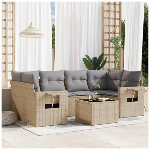 Set Divani da Giardino 7 pz con Cuscini Beige in Polyrattan - Foto 2