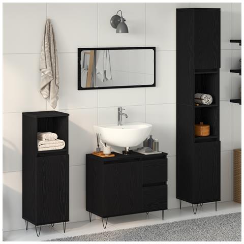 Set di Mobili da Bagno in 3 Pezzi Rovere Nero Legno Ingegnerizzato - Foto 2